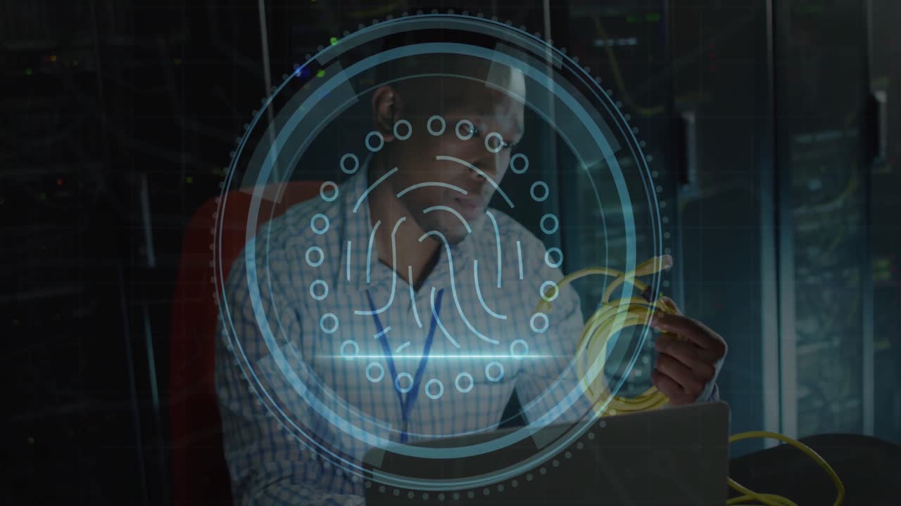Animation of fingerprint scanner over african american male engineer holding a cable at server room