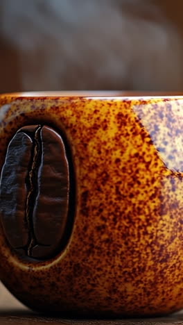 Warm cup of coffee with steam rising. A handcrafted ceramic cup holds steaming coffee on a rustic wooden table, with a coffee bean nearby.