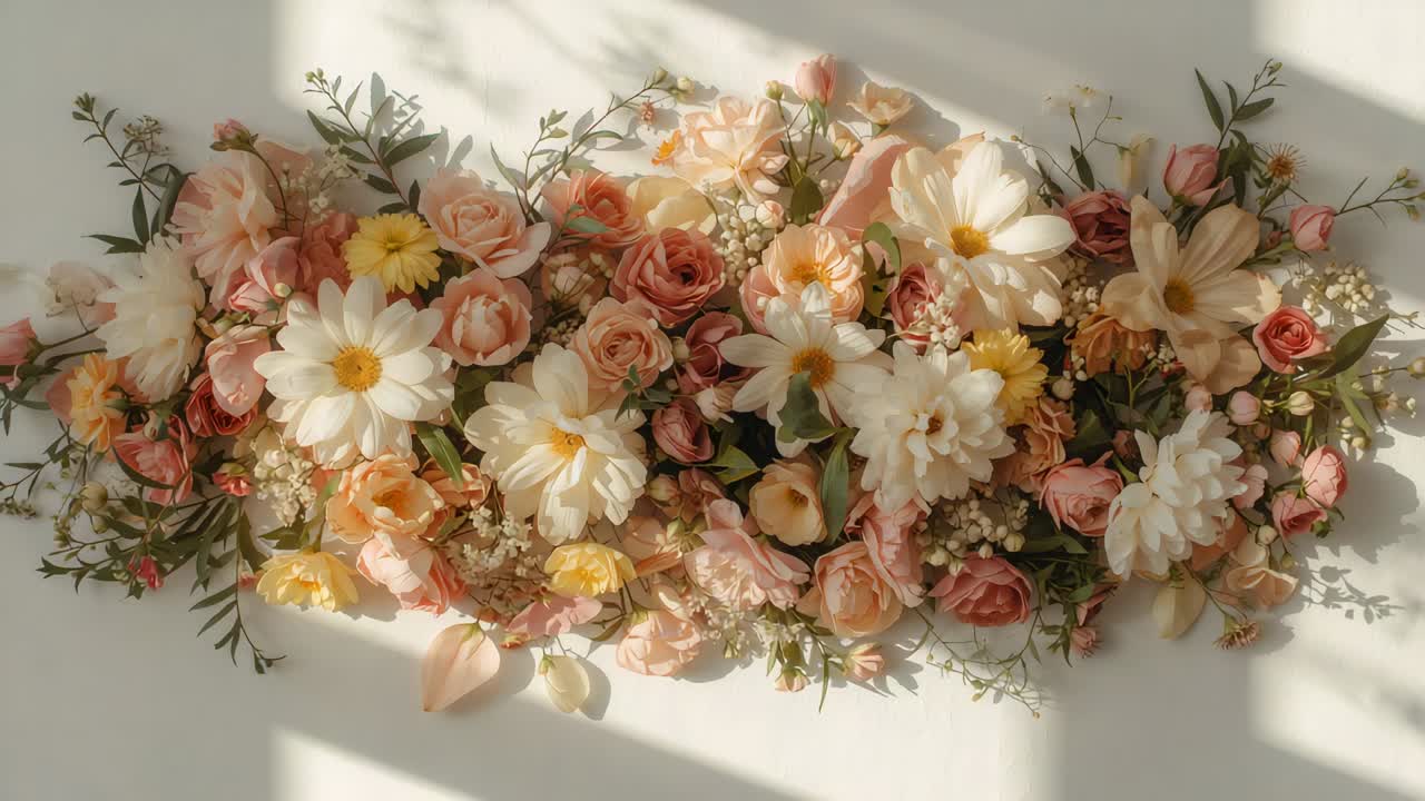 Telecamera scorrevole che avvicina un bouquet di margherite e rose, mettendo a fuoco i fiori centrali su un tavolo bianco.
