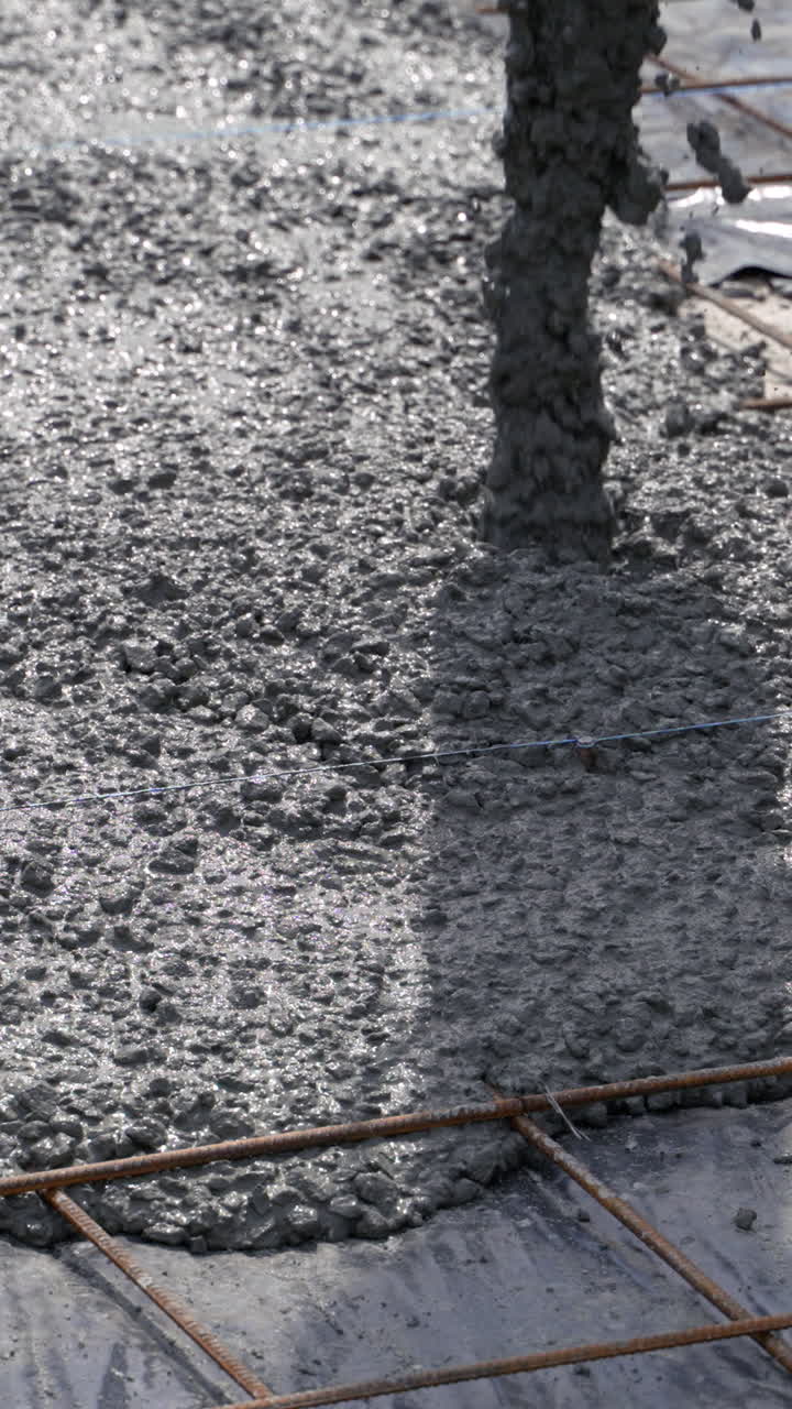 Texture di cemento bagnato stesa su una rete di tondini d'acciaio durante la posa delle fondamenta in un cantiere edile. Calcestruzzo appena gettato che copre la griglia di rinforzo metallica. Video verticale