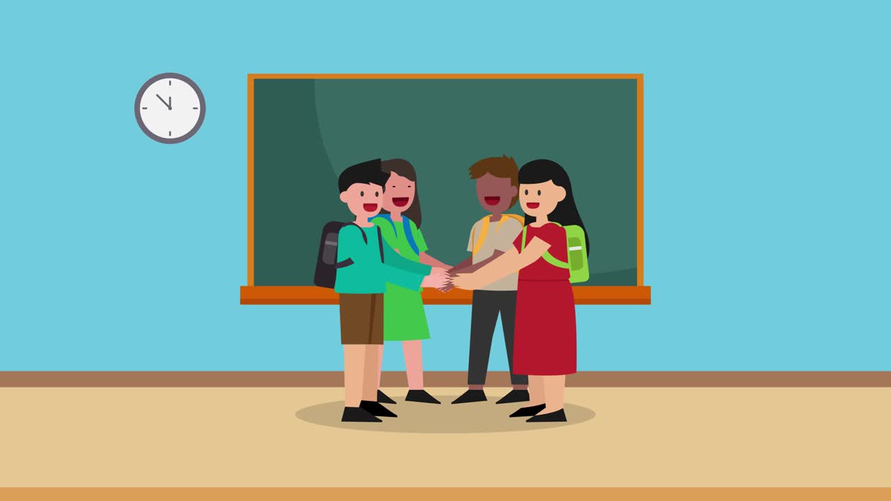 한 무리의 학생들이 수업에서 손을 잡고 있습니다.