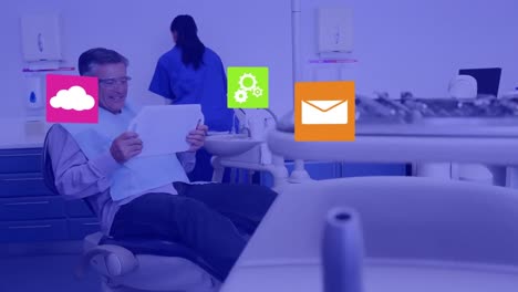 Animation-of-cloud-icons-and-purple-tint-over-male-patient-in-dentist-chair