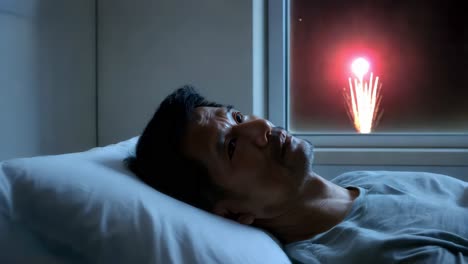 hombre en una cama de hospital mirando fuegos artificiales