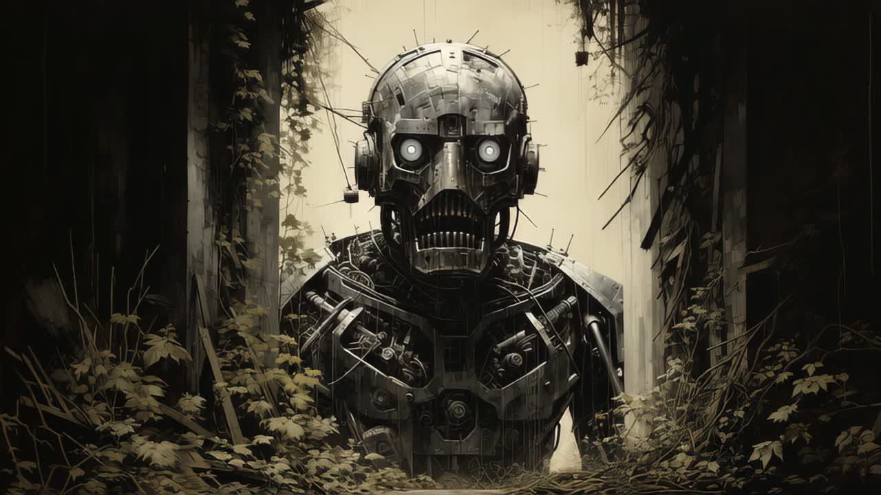 Robotic figure standing in a dense forest, with metallic body and glowing red eyes