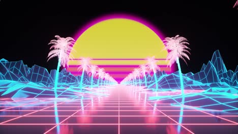 80년대 스타일의 레트로 신스 웨이브, 나무와 함께 완벽한 루프로 해가 뜨는 3d 애니메이션