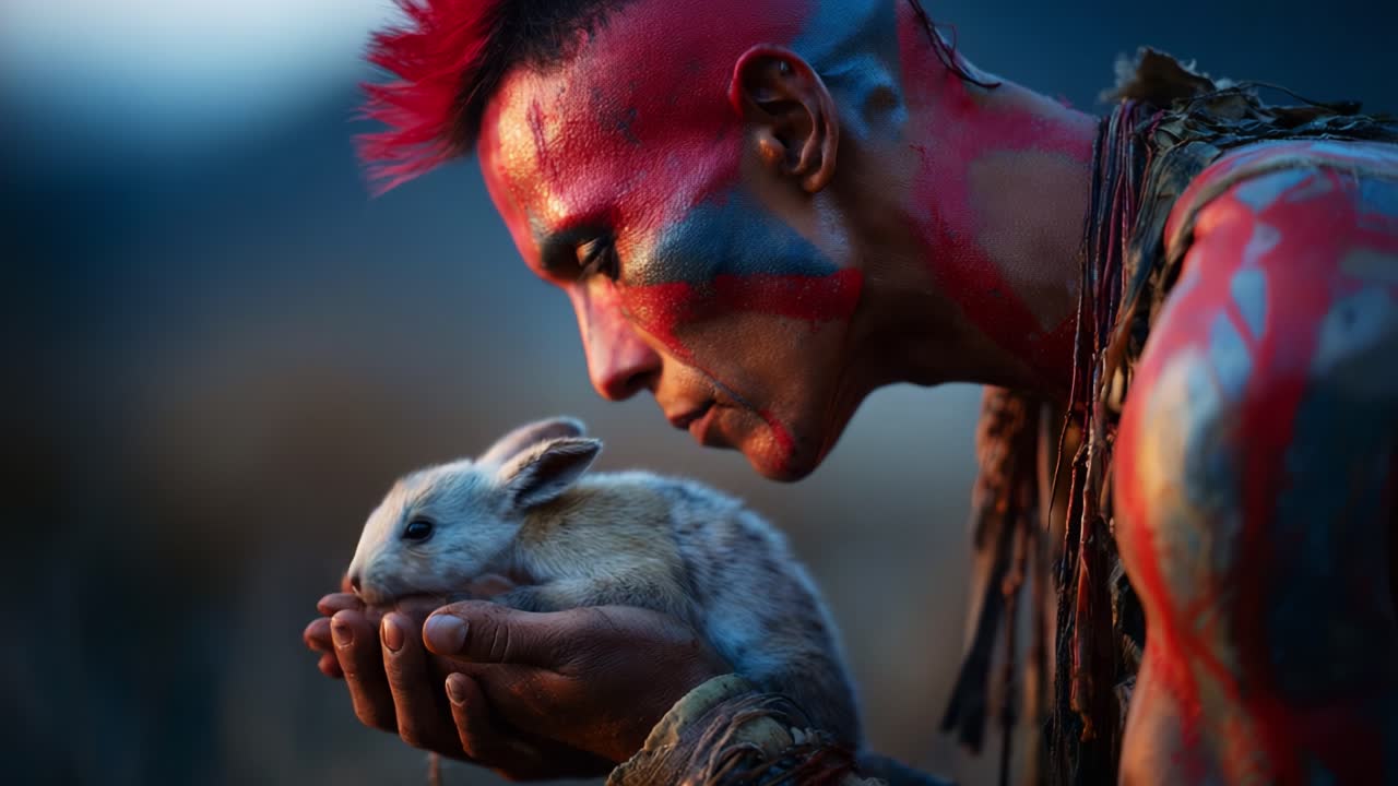 A vibrant tribal warrior, adorned with striking face paint, gently cradles a small rabbit in his hands, illustrating a profound connection between humanity and nature in a serene setting