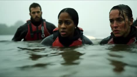 a dedicated rescue team faces adverse weather conditions while navigating through deep waters. their expressions reveal determination as they work together to ensure safety and aid.