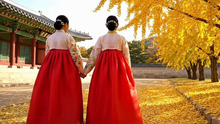 Two Women in Traditional Korean Hanbok in Autumn