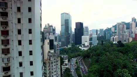 aerial view, central hong kong, downtown buildings and skyscrapers on cloudy day