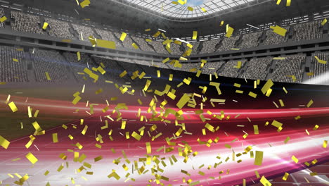 animation of gold confetti falling over glowing light trails in sports stadium