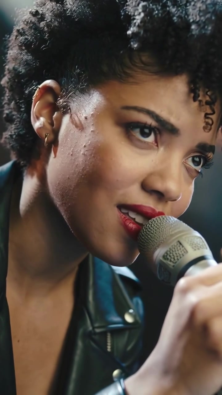Vertical video: Singing woman in leather jacket inhaling then belting into mic in rehearsal space