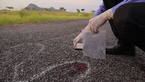 concepto de escena del crimen, recolectando evidencia como móvil en bolsas plásticas de evidencia cerca de un cadáver delineado con tiza en el camino