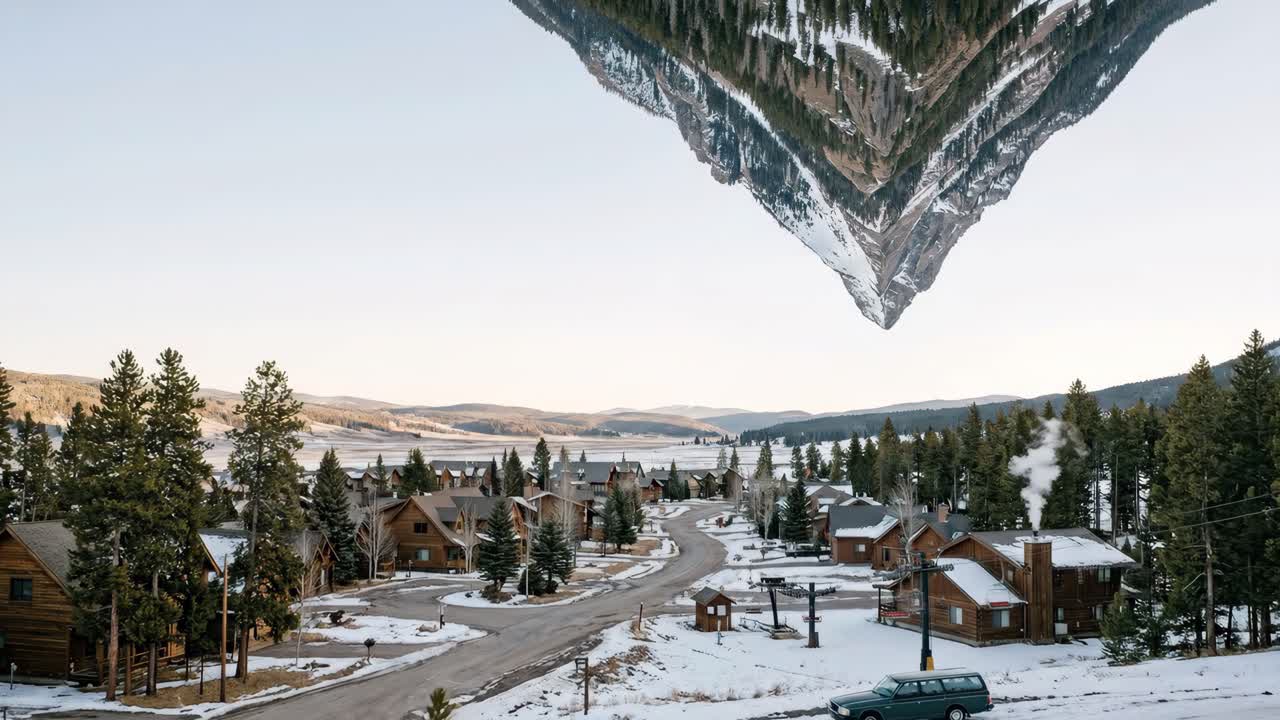 Villaggio di montagna innevato con un surreale riflesso invertito nel cielo