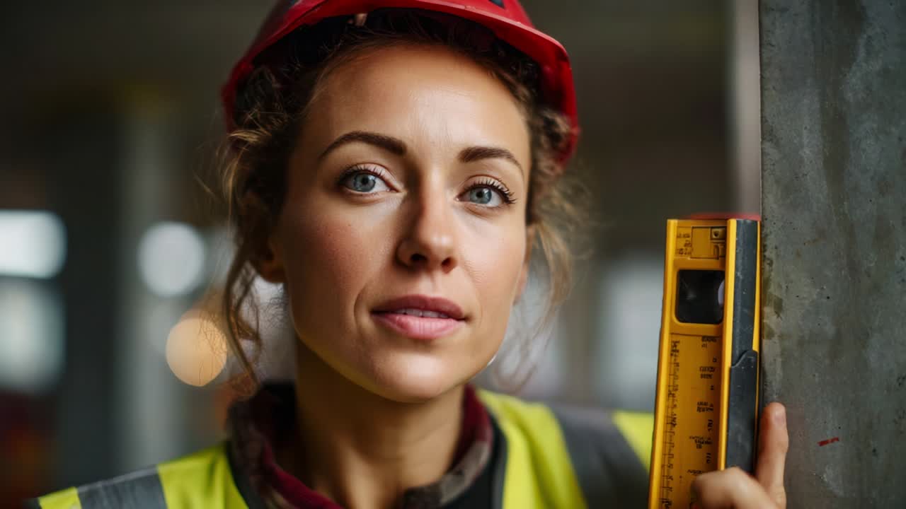 A determined female construction worker, wearing a safety helmet and reflective gear, confidently poses with a level tool in a partially constructed building, showcasing empowerment in a challenging environment
