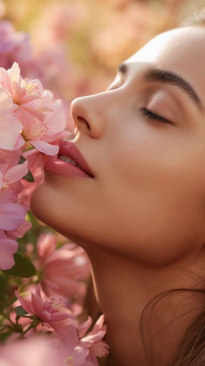 Video verticale: volto di donna che si sporge, profumo che si avvicina, fiori che sfiorano le labbra in giardino, che si posano