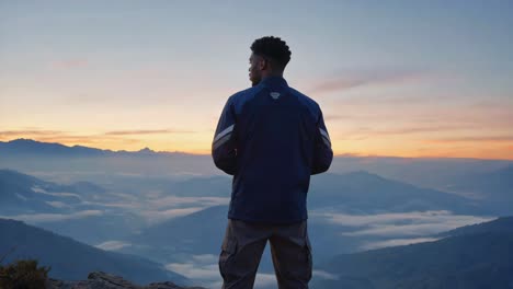 Person overlooking a foggy mountain range at sunrise