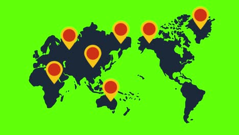 animation of a world map and pinned location signs on a green screen background