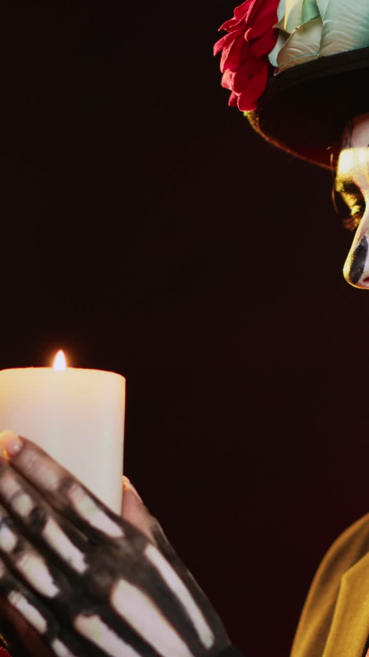 Video verticale: modella nei panni di Santa Muerte che soffia su una candela