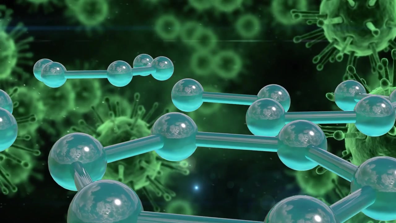 Câmera se aproximando de um ramo orbitando uma molécula ciano, revelando um anel hexagonal mostrando forma sobre um campo de vírus verde.