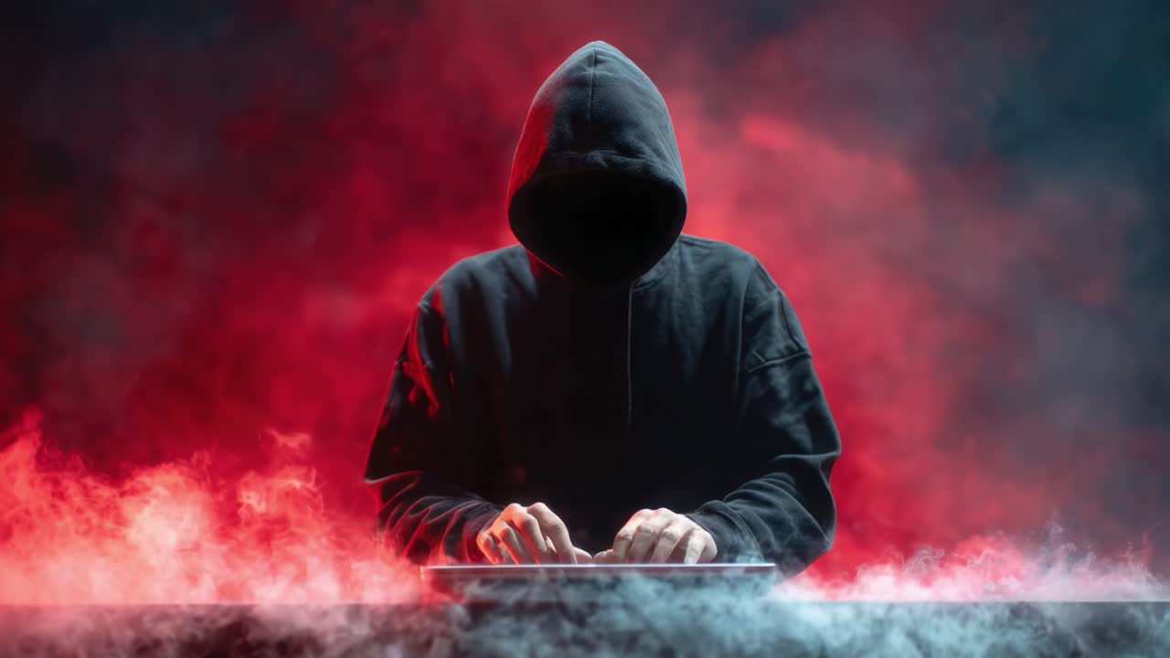 A Mysterious Figure in a Hoodie Engaged in Intriguing Keyboard Activity Surrounded by Dramatic Red and Blue Smoke, Representing the Enigmatic World of Cybersecurity and Hacking