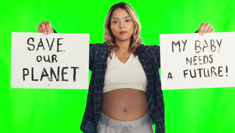 Activism,-signs-and-woman-in-studio-with-green