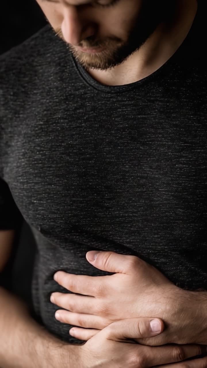 A contemplative moment captured in two frames, highlighting a man's introspective expression as he holds his stomach, reflecting on thoughts and emotions in darkness