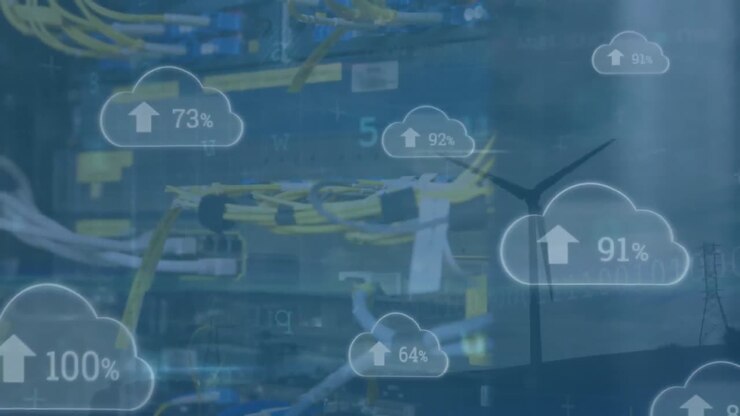 Animation of data processing, cloud icons with increasing percentage against computer server