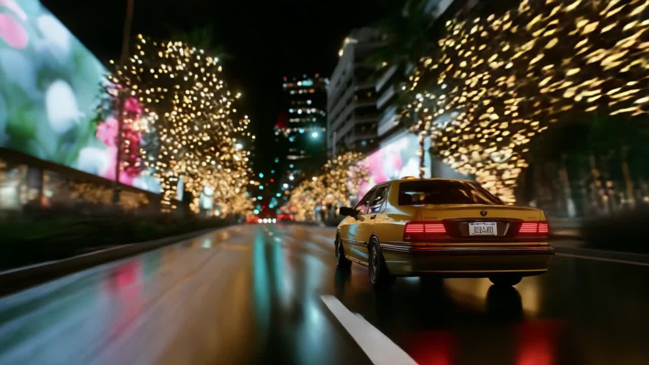 A Beautified Cityscape at Night: A Vivid Street Scene Displaying a Yellow Car Speeding through a Lively Urban Environment Illuminated by Dazzling Lights and Colorful Billboards that Reflect on Wet Pavement