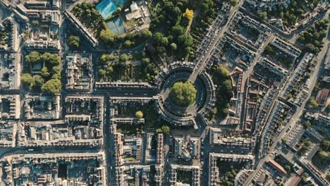 Masonic-key-pattern-of-Bath-England-The-Circus-homes,-aerial-top-down-bird's-eye-view-stationary