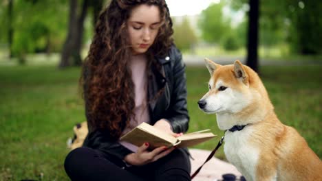 cheeful student is reading book sitting in the park then patting adorable puppy and smiling. loving animals, intelligent hobby and healthy lifestyle concept.