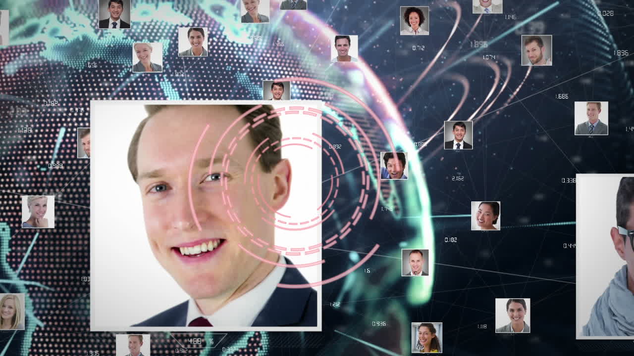 Animation of diverse profile pictures over radar circles and illuminated globe with numbers