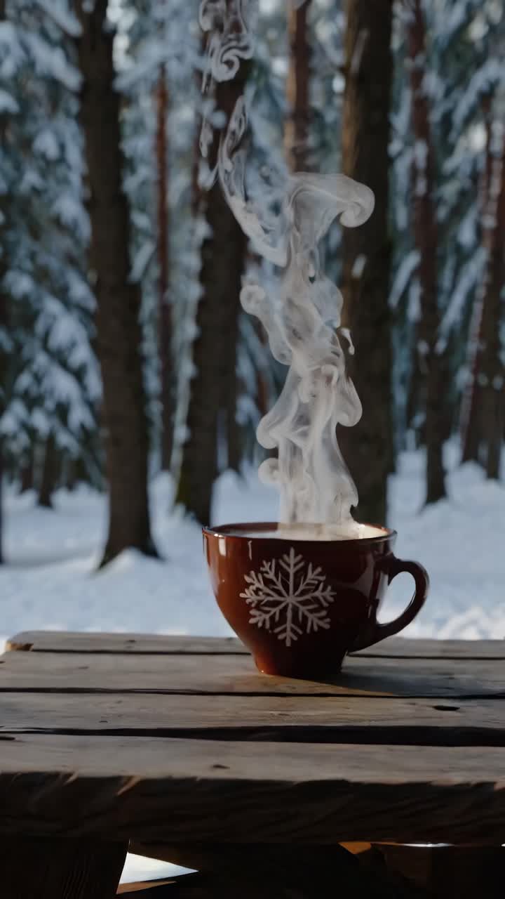 A steaming cup on a wooden table in a snowy forest, captured at eye level