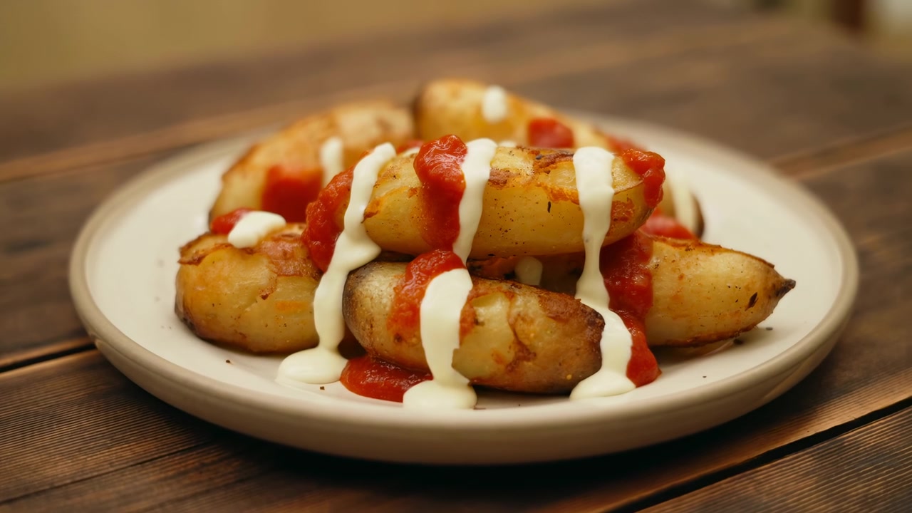 Patate arrosto condite con ketchup e maionese cremosa su piatto rustico, illuminazione calda su tavolo di legno.