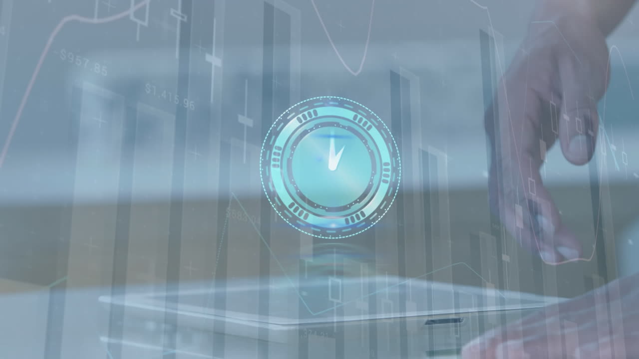 태블릿을 사용하는 백인 남자의 손 위에 움직이는 시계의 애니메이션