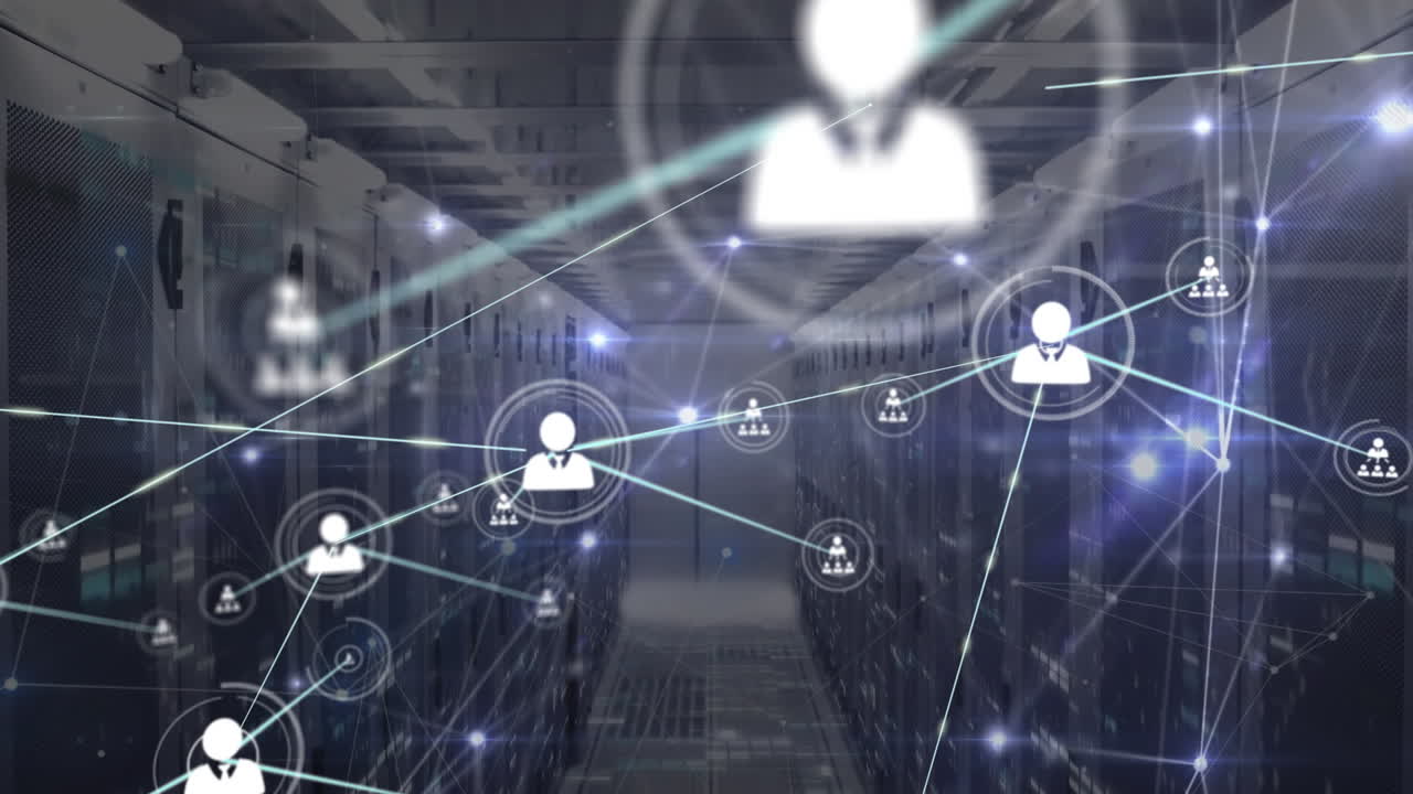 Animation of network of connections with icons over server room
