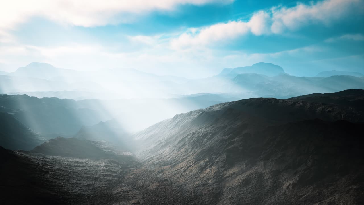 paisaje aéreo de desierto volcánico con rayos de luz