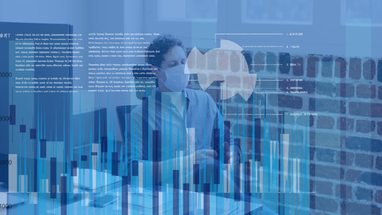 Animation of financial data processing over businessman wearing face mask