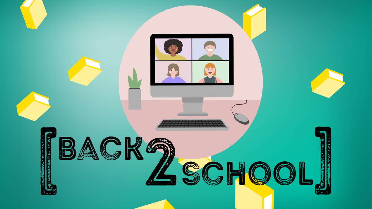 Animation of text back 2 school over falling books and computer video call in pink circle, on blue