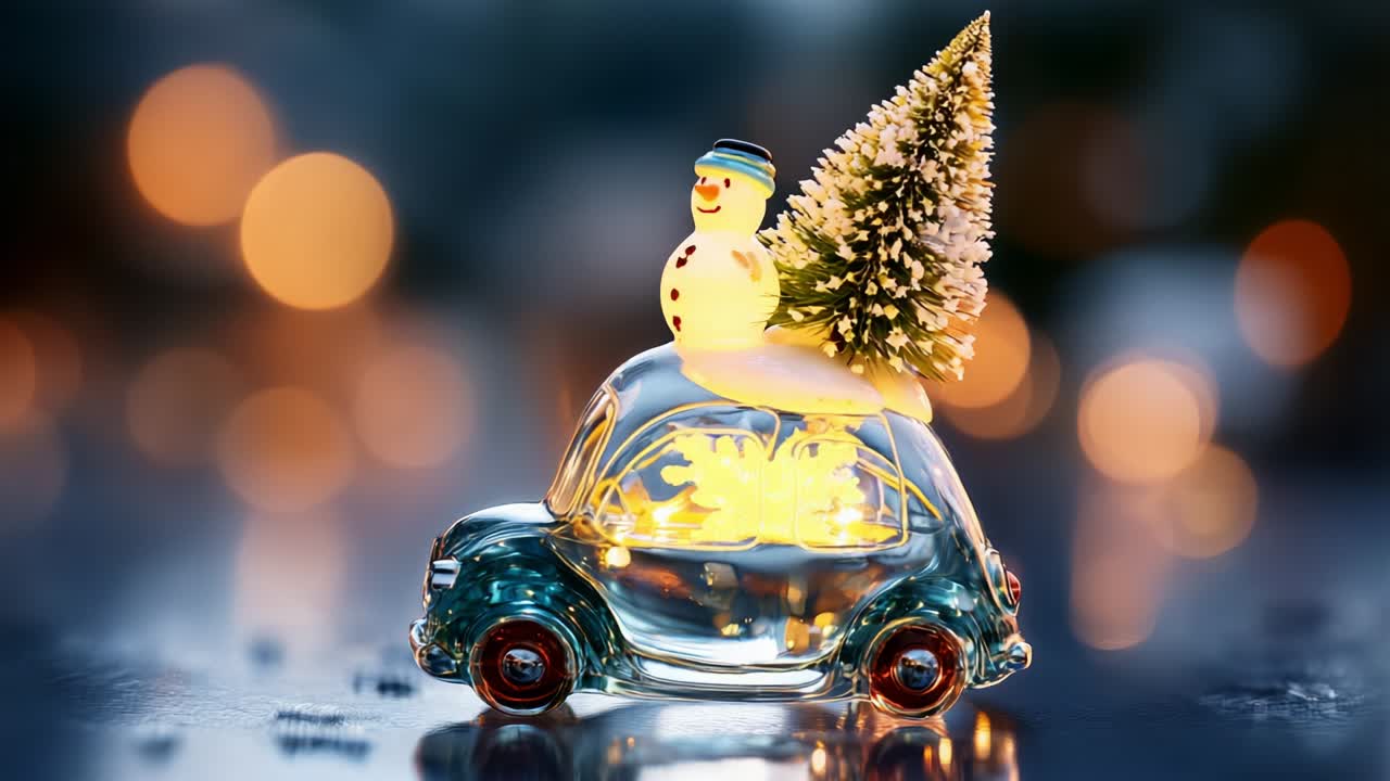 A whimsical and festive miniature scene showcases a sparkly glass car adorned with a cheerful snowman and a snowy Christmas tree, capturing the holiday spirit with bright lights and a joyful atmosphere