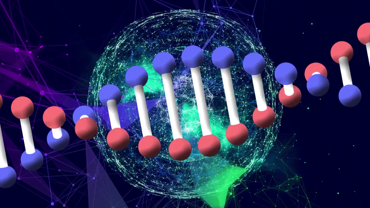 Animation of network of connections with globe over dna strand