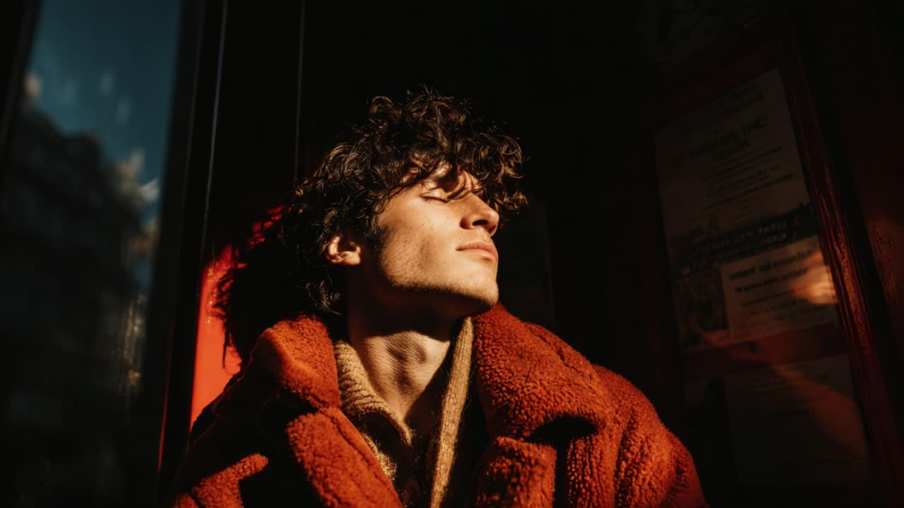 A contemplative moment captured in sunlight, highlighting a young man's serene expression as he basks in the warm glow, deep in thought and feeling the ambiance around him