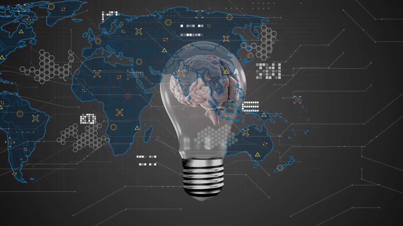 Animation of world map over brain in bulb on grey background
