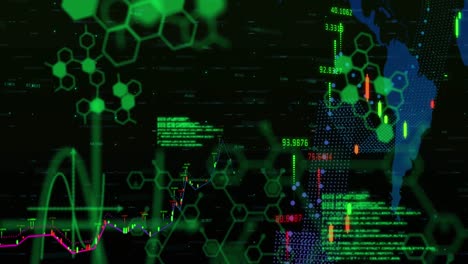 animación del procesamiento de datos financieros sobre el mapa del mundo