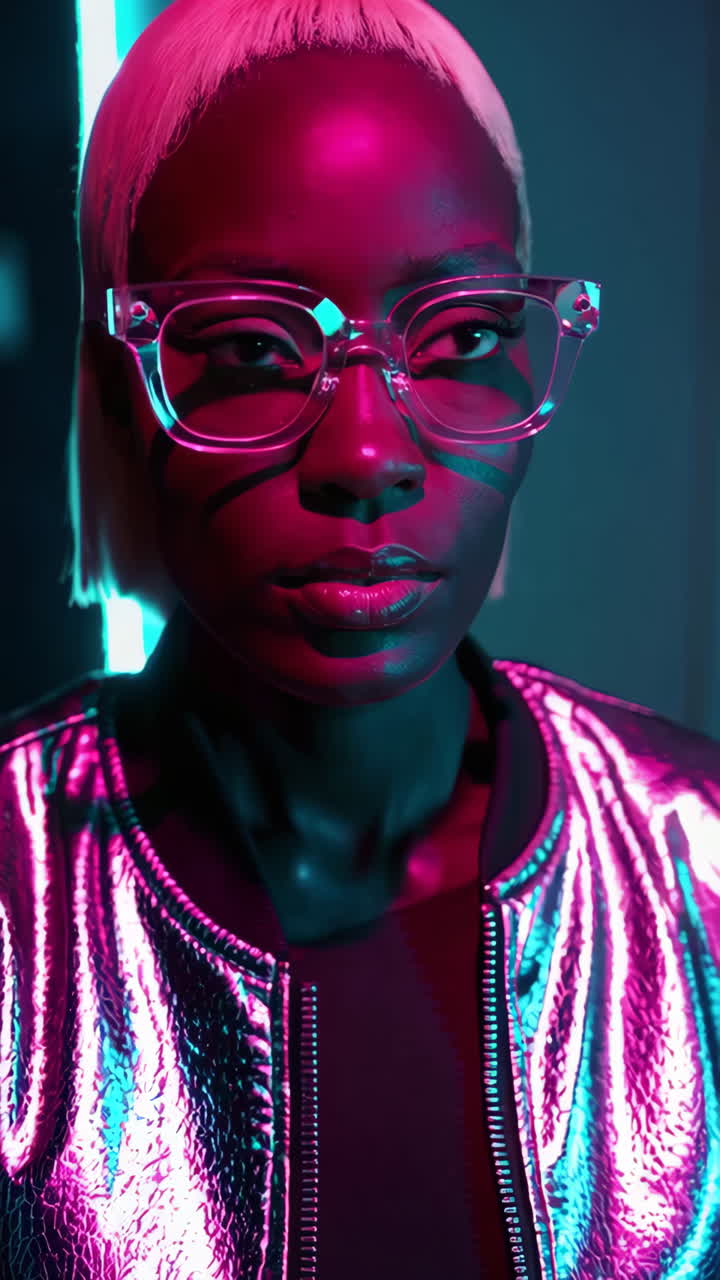 Cyberpunk Portrait of a Woman with Neon Pink and Blue Lighting