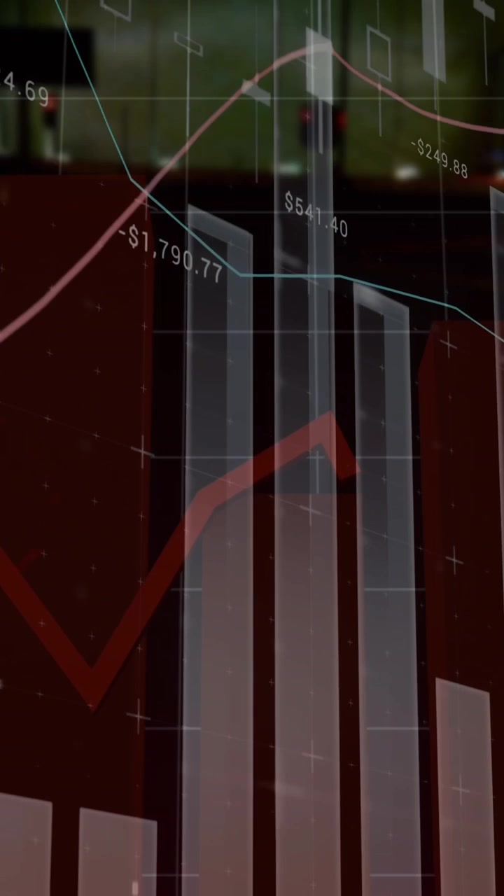 Animation of statistical data processing against time-lapse of night city traffic