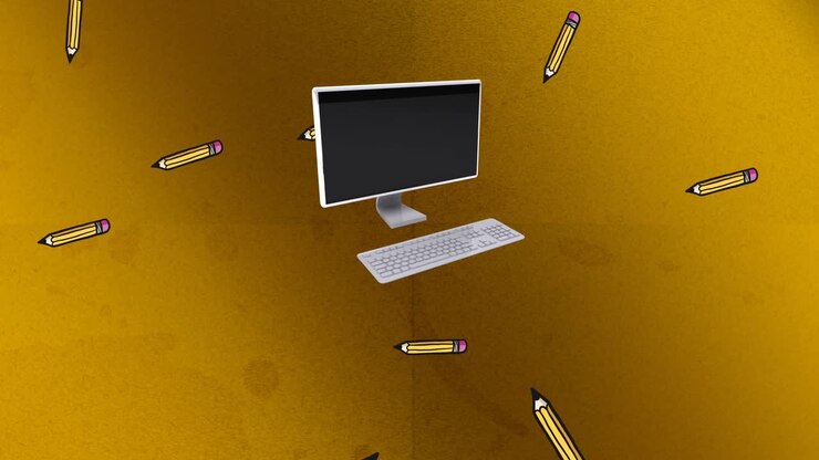 Animazione di matite gialle che cadono e di un computer desktop su sfondo dorato.