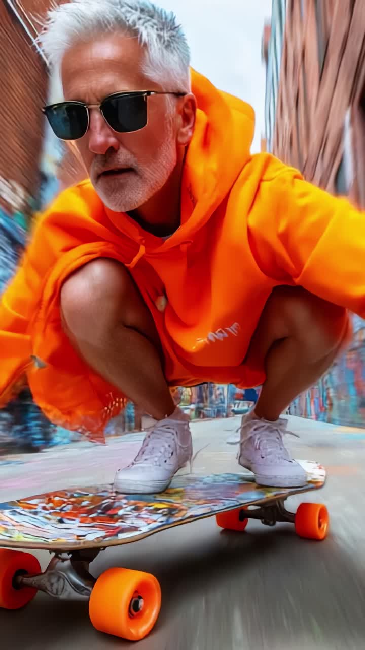 Dynamisk urban skateboarding: En ældre mand i en orange hættetrøje, der skater ned ad en farverig gyde med stil, vovede tricks og levende gadekunst omkring ham