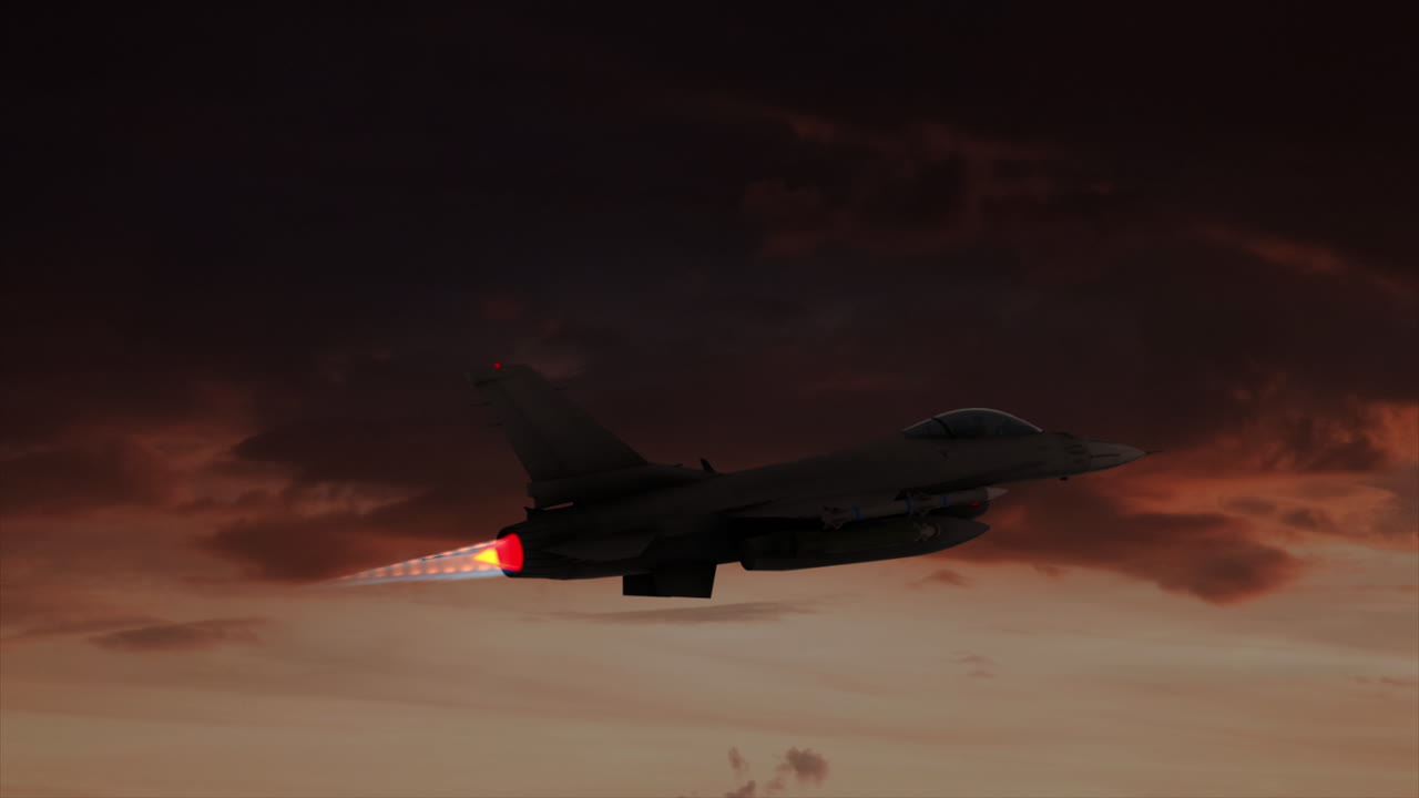 4K Aerial F16 climbing at dusk