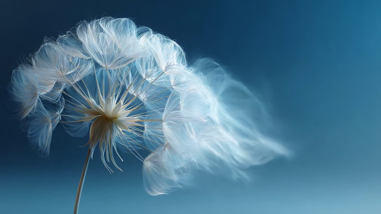 A Delicate Dance of Nature: Captivating Beauty of a Dandelion Seed Head in Soft Focus Against a Serene Blue Background, Highlighting the Elegance of Nature's Design