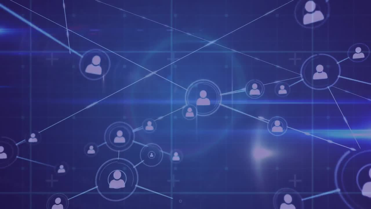 animación de la red de conexiones con iconos sobre rastros de luz sobre fondo negro